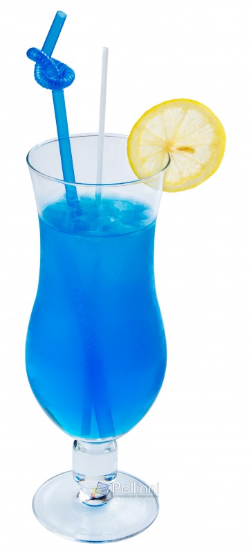 Blue Lagoon alcohol cocktail with lemon and ice in a tall glass. isolated on a white background