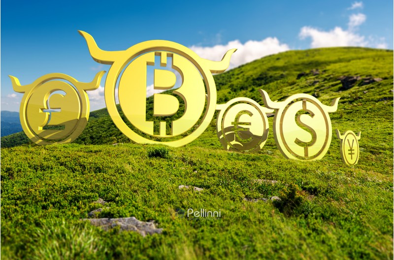 Bullish currency on the top of a hill. green summer mountain ascending trend. stand proud on the peaks at high noon. demanding or bull market concept. composite image with tilt shift effect