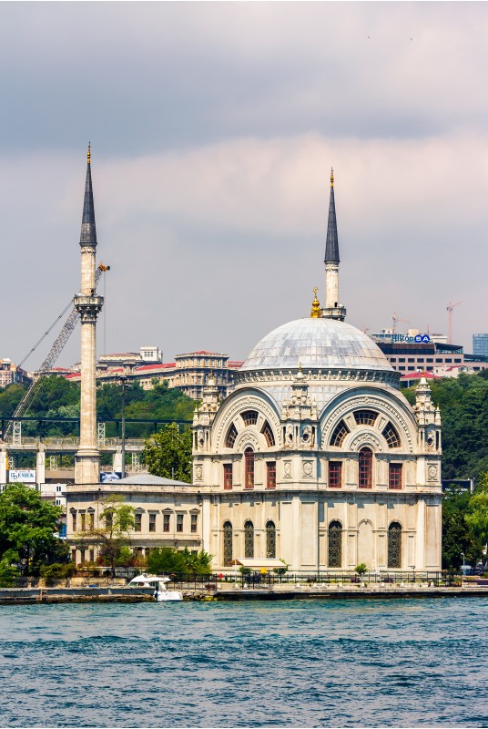 ISTANBUL, TURKEY - AUGUST 18, 2015: Ortakoy Mosque infront of the cityscape, view from the other side of Bosphorus in Istanbul