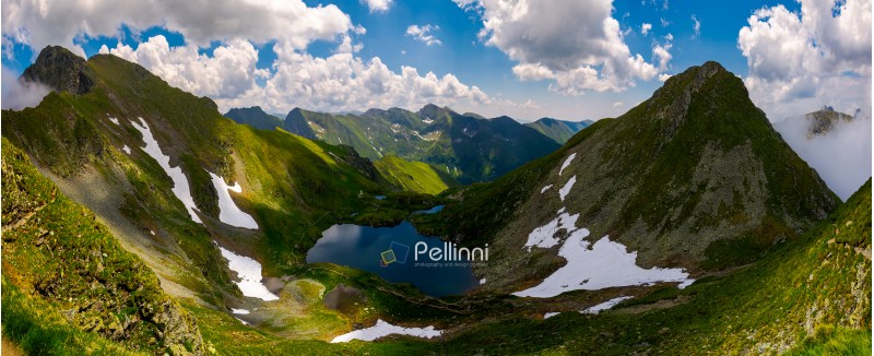 Panorama of Fagaras mountains of Romania. gorgeous landscape with glacier lake Capra, view from above