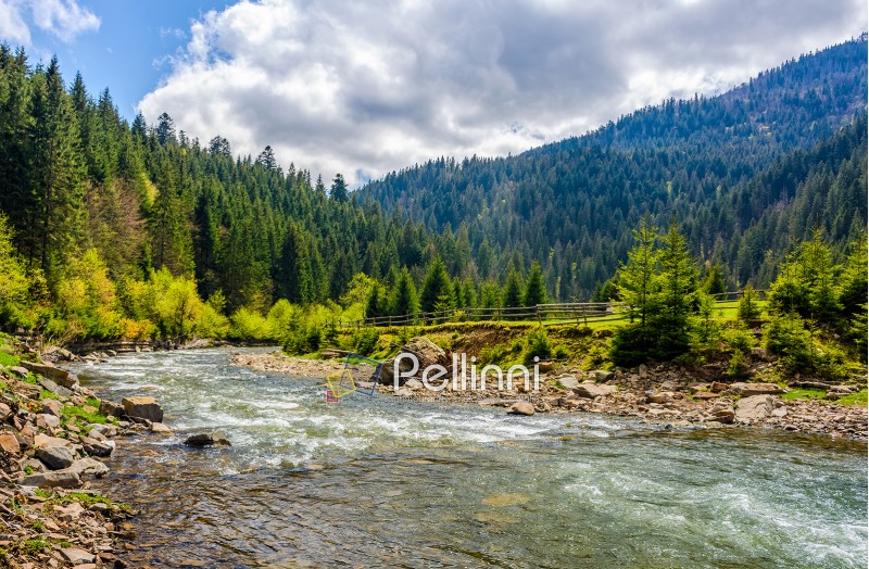 river; forest; mountain; springtime; rural; sky; cloudy; picturesque; landscape; nature; water; flow; spring; tree; hill; day; vivid; colorful; beautiful; carpathians; shore; stream; green; serene; bright; ecology; environment; valley; surrounding; outdoor; country; cloud; fresh; blue; majestic; amazing; spectacular; gorgeous; weather