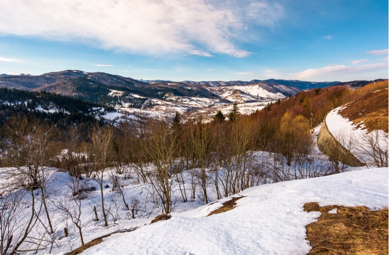 Winter landscape of Uzhansky National Park. beautiful scenery in mountains on in fine weather warm day. spots of snow on slopes with weathered grass.