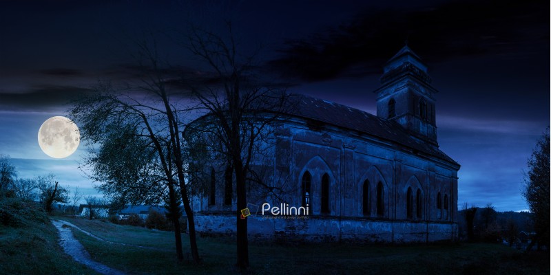 panorama of abandoned catholic church on hill at night in full moon light