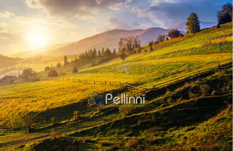 agricultural fields on hills in mountainous rural area at sunrise