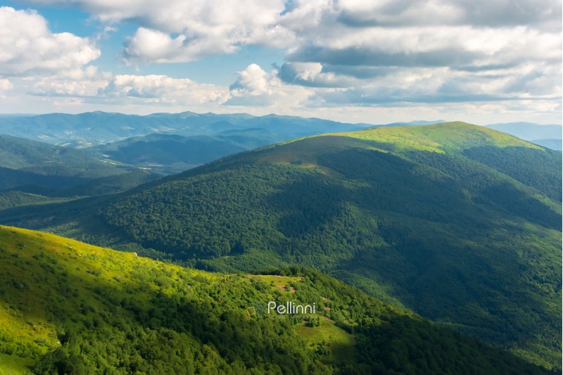 beautiful landscape of carpathian mountains. grassy alpine meadows, deep valleys. wonderful sunny weather at sunset in summer. fluffy clouds on the blue sky