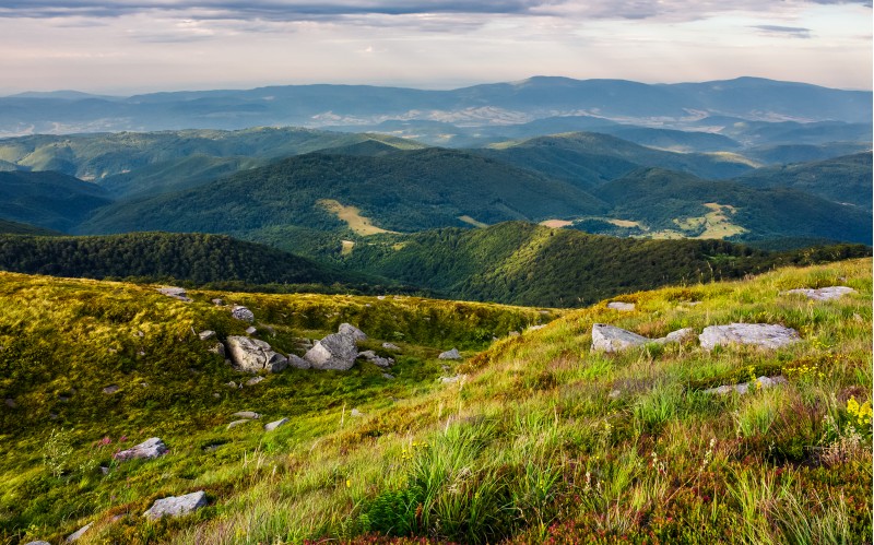 beautiful view of Carpathians in dappled light. wonderful colors of summer landscape in mountains on a cloudy day observed from the top of a hill. location Runa mountain, Ukraine