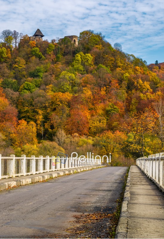 Nevytsky Castle, Ukraine - October 27, 2016: bridge to Nevytsky Castle hill with yellow foliage in autumn forest. popular tourist attraction