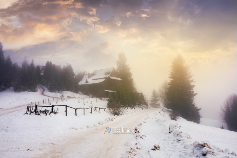 carpathian village at foggy winter sunrise. gorgeous rural scenery with gorgeous sky above