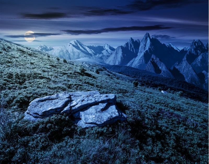 composite of meadow in rocky mountains at night in full moon light. beautiful unrealistic landscape in summertime 