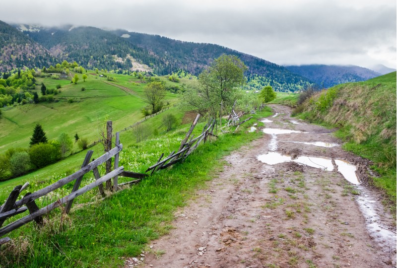 country road through rural area in mountains. beautiful landscape on a cloudy day in springtime