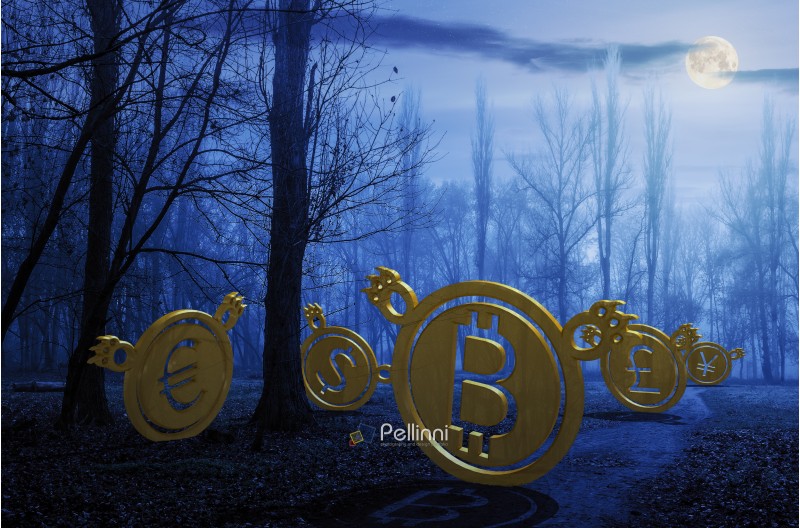 currency bears on the path through foggy forest at night in full moon light. crypto or trade Halloween concept. 3d illustration 