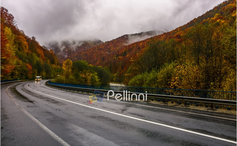 curve road through mountains on autumn rainy day. overcast sky over the forest in red foliage. yellow bus, with turned lights, ride on wet asphalt