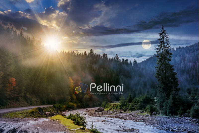 day and night time change concept over foggy forest and river. beautiful autumnal landscape in mountains with sun and full moon