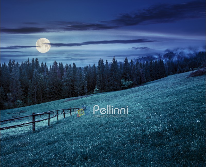 autumn landscape. fence on the hillside meadow near forest in mountain at night in full moon light