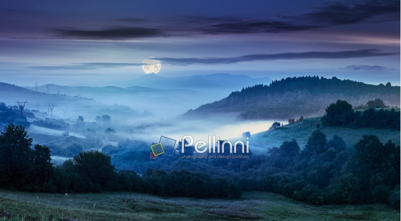 idyllic summer landscape with cold morning fog on hillside in mountainous rural area at night in full moon light