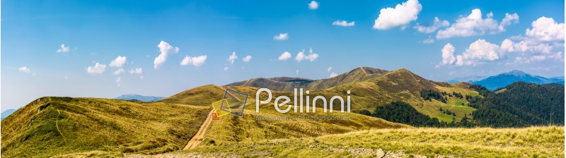 footpath through rolling hills of mountain ridge. gorgeous panorama of early autumn landscape with fine weather and blue sky with some clouds. hiking direction concept