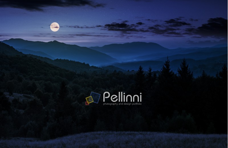 full moon rise above forested mountain at night. gorgeous Carpathian nature scenery