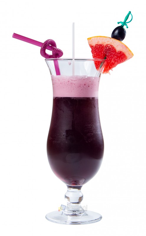 grape juice decorated with grapefruit. purple drink in a tall glass decorated with slice of fruit and straw