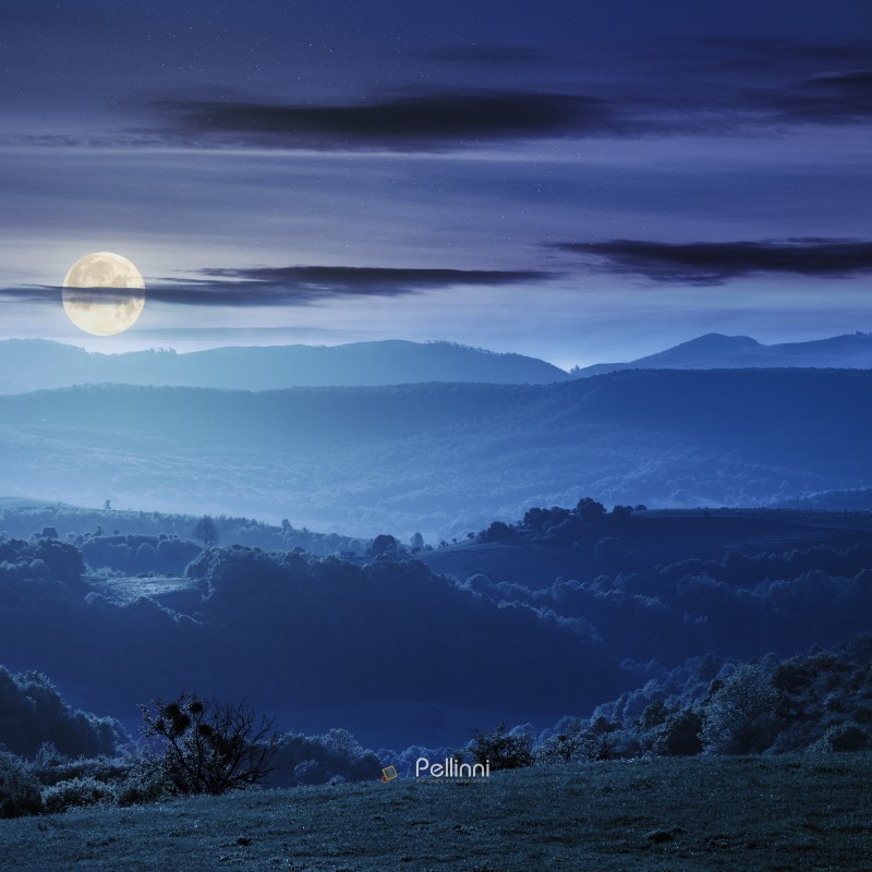green rolling hills of romania countryside at night in full moon light. agricultural field with green grass. mountain ridge in the distance. cloudy sky. wonderful weather.