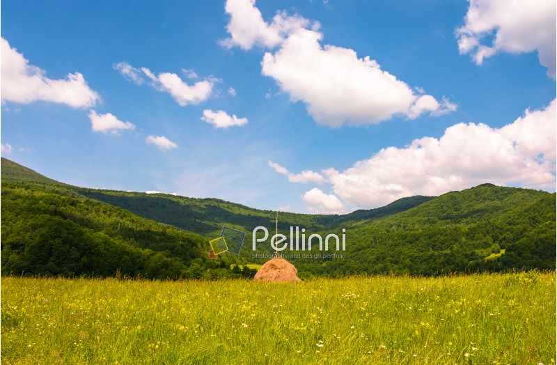haystack on a grassy pasture in mountains. beautiful summer scenery on a fine weather day