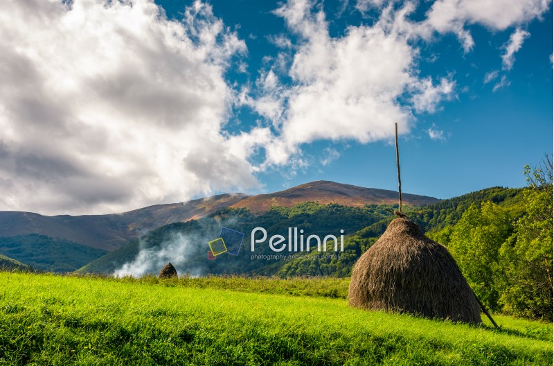 Stack of hay on a green meadow in the mountains under a cloudy summer sky