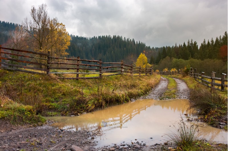 huge puddle on the country road. wooden fence along the path. deep autumn in mountainous countryside