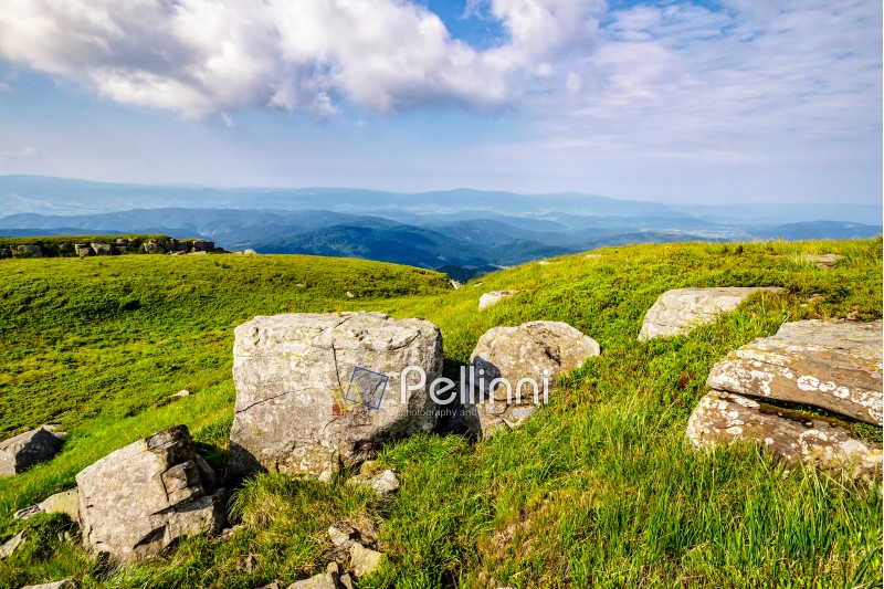 mountain summer landscape. meadow with huge stones among the grass on top of the hillside near the peak of mountain range in morning light
