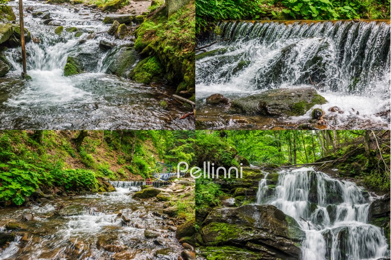 Summer landscape set of images. Small cascades on the forest river with stones and boulders