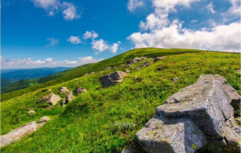 lovely summer landscape. grassy hillside with rocky formations. cloud behind the mountain top. bright and fresh day, good mood. wonderful place for hiking and camping