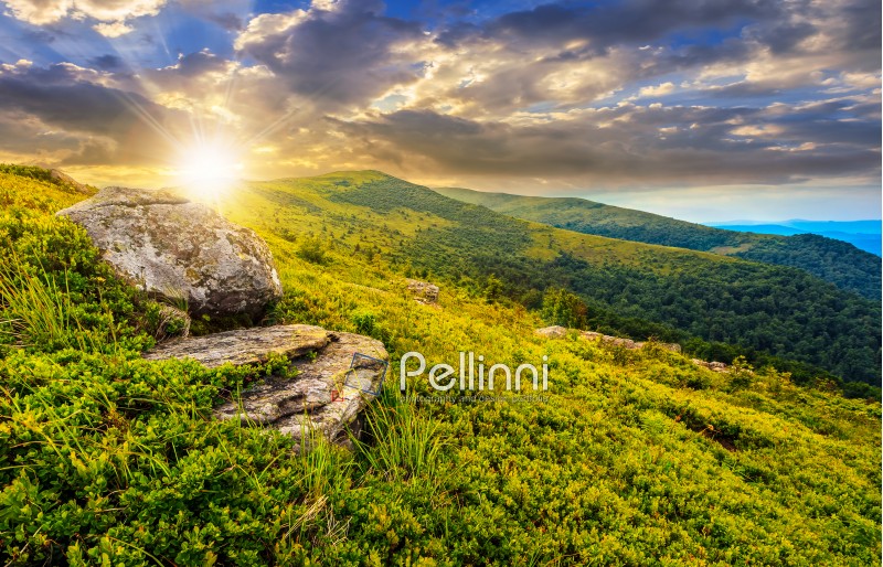 grassy meadow with giant boulders on the slope of a hill in Carpathian mountain ridge at dramatic sunset under cloudy sky. Beautiful summer landscape