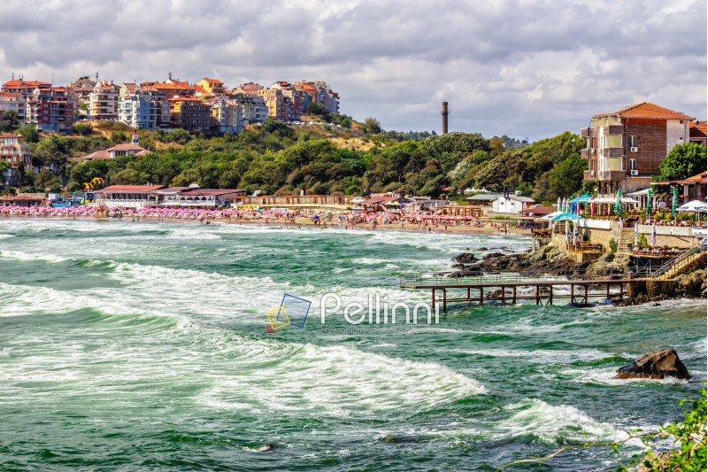 SOZOPOL - AUGUST 9: Old City  beach on August 9, 2015 in Sozopol, Bulgaria. Waves running  on to the beach of ancient Bulgarian city Sozopol in the mornig