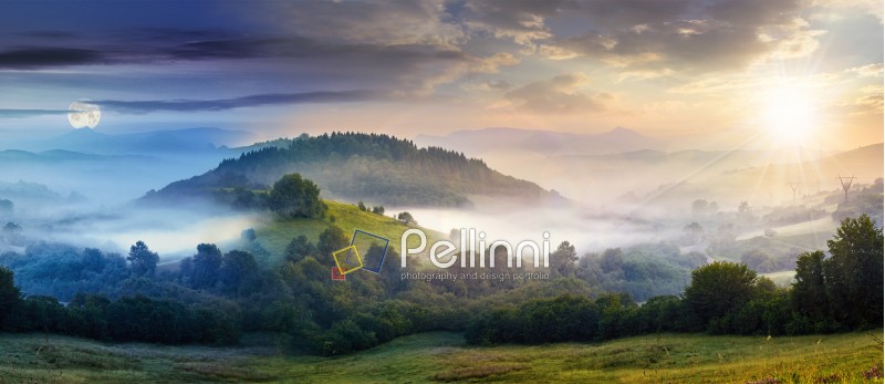 mysterious summer landscape composite image of day and night with cold morning fog on hillside in mountainous rural area