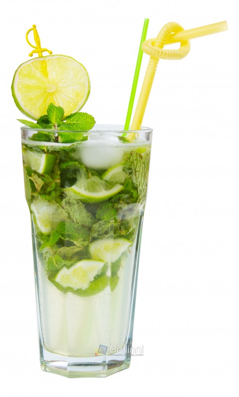 non alcohol mojito with ice, mint and lime in a tall glass. side view isolated on a white background