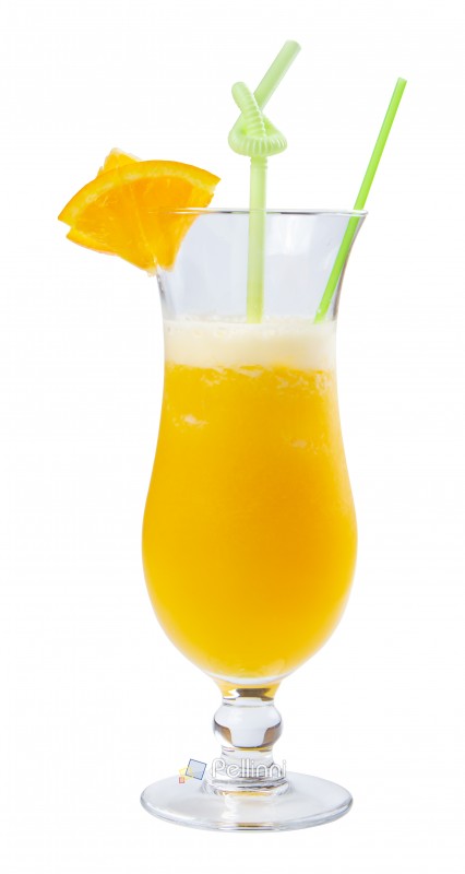 orange juice in tall glass. fresh drink with ice decorated with fruit slice and straw