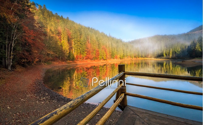 pier with wooden fence on the Lake in mountain. coniferous forest and some trees with red foliage at foggy sunrise in autumn
