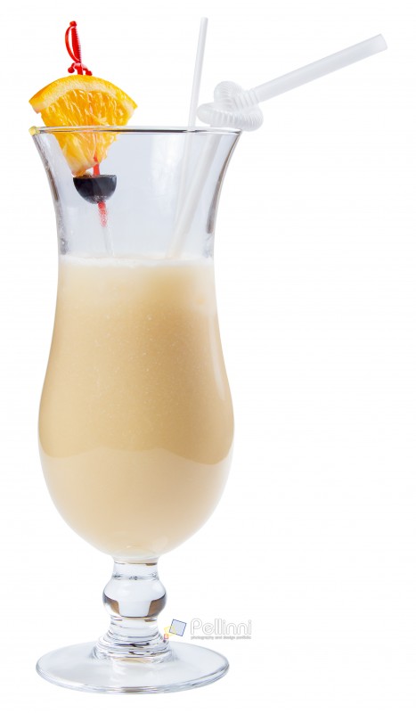 pina colada alcohol cocktail with orange and olive in a tall glass. side view isolated on a white background
