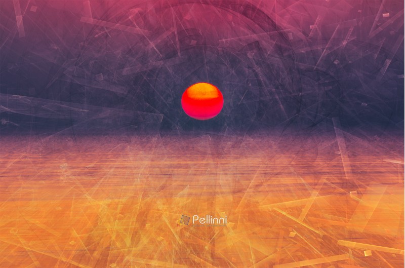 purple digital sunrise background. composite of fractal images over morning sea. concept of electronic era beginning