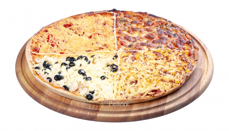 quadruple topping family pizza on the wooden desk isolated. three quarter view. sausage vs pork and corn vs mushrooms vs olives, in different kind of cheese. find your favorite