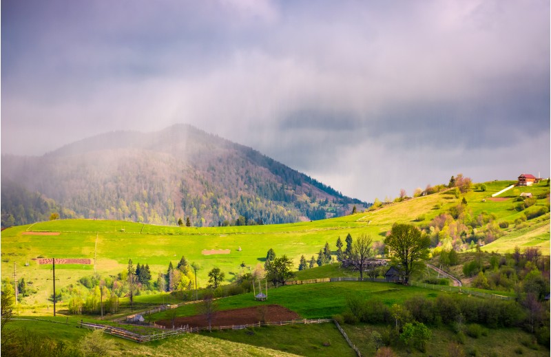rain over the rural fields on hills. beautiful springtime landscape of Carpathian mountains. 