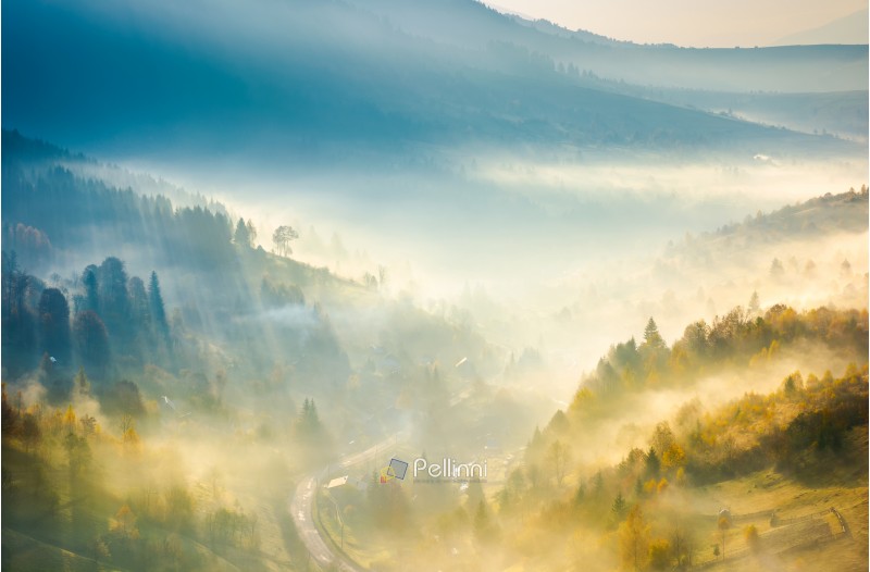 road through the village in foggy valley. gorgeous autumn scenery in Carpathian mountains. beautiful nature background