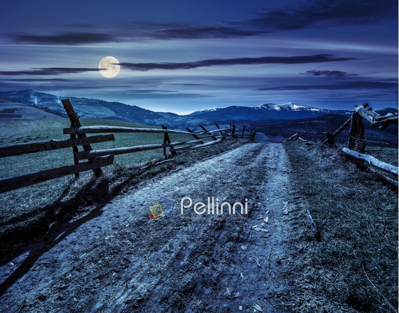 fence near the road through the  rural meadow in mountain region in spring time at night in full moon light