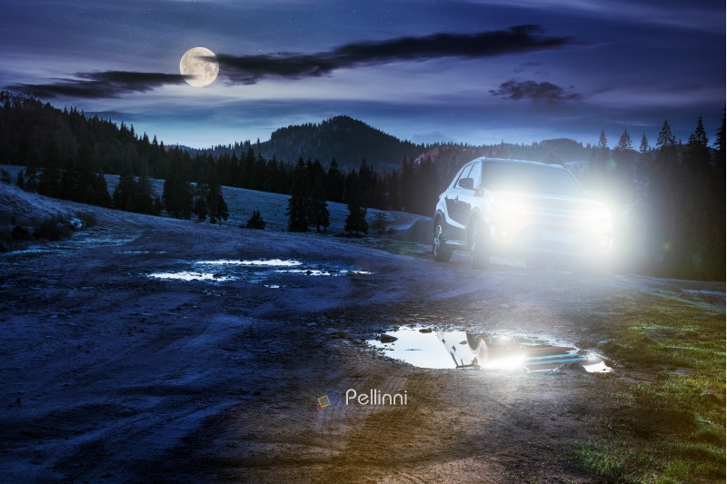 orange suv parked on the country road near forest in mountain at night in full moon light. beautiful autumn scenery. travel Europe by car concept