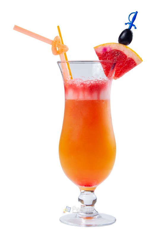 tequila sunrise cocktail in a tall glass. decorated with slice of orange and black olive