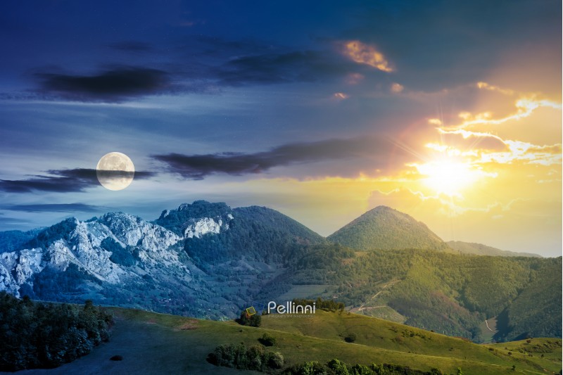day and night time change concept above mountains with rocky formations. grassy meadows, forested hills and huge cliffs. wonderful nature scenery. beautiful weather in springtime with sun and moon