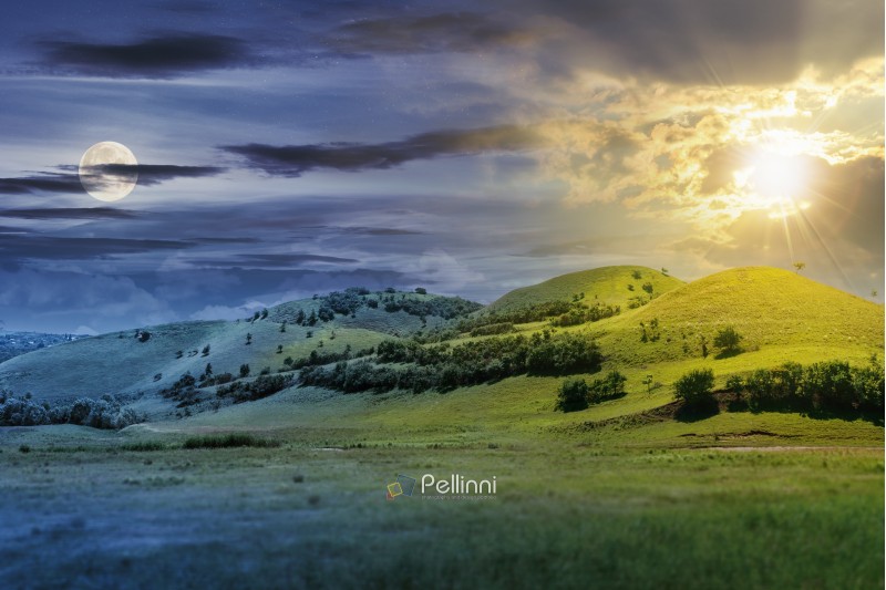 day and night time change concept above three hills in summer landscape. beautiful countryside scenery with sun and moon.  tilt-shift and motion blur effect applied.