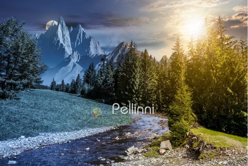 fairy tale mountainous summer landscape at night in full moon light. composite image with high rocky peaks above the mountain river in spruce forest. day and night time change concept