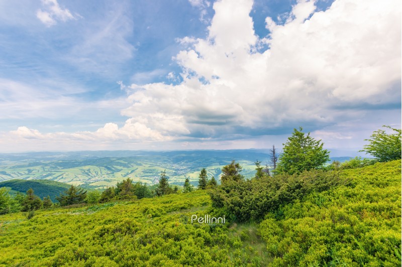 view in to the valley from grassy hill. beautiful summer scenery in mountains. dynamic cloudscape on a blue sky.