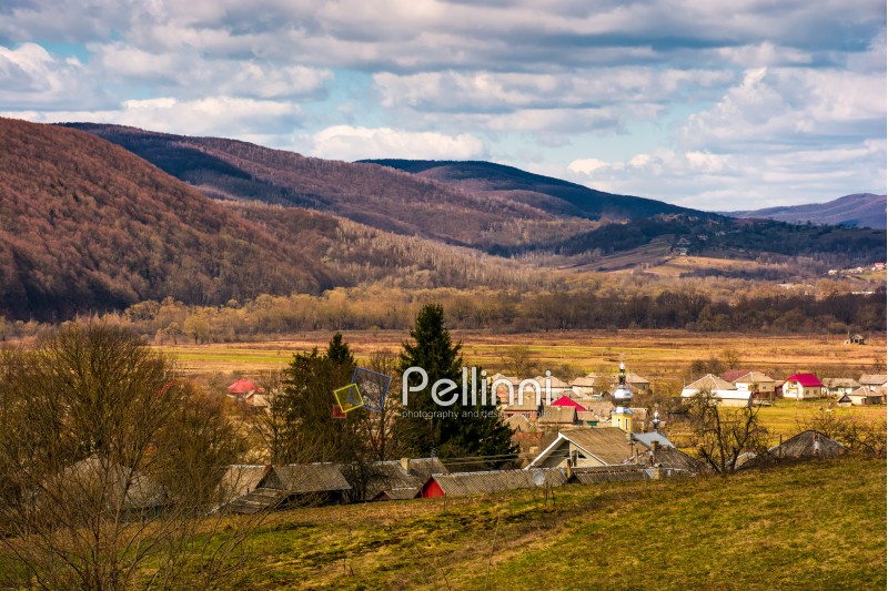 village in valley of Carpathian mountains. lovely springtime scenery on a cloudy day