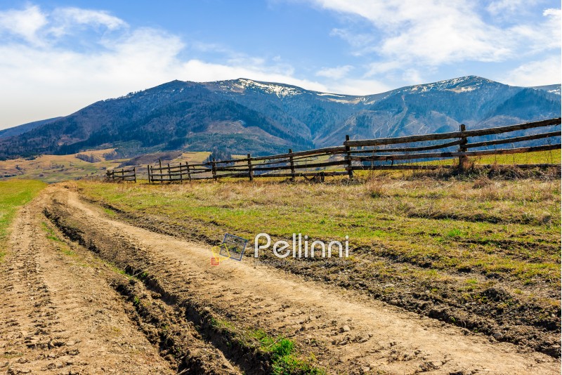 Spring time rural landscape. Wooden fence along the path through agricultural fields in Carpathian mountains