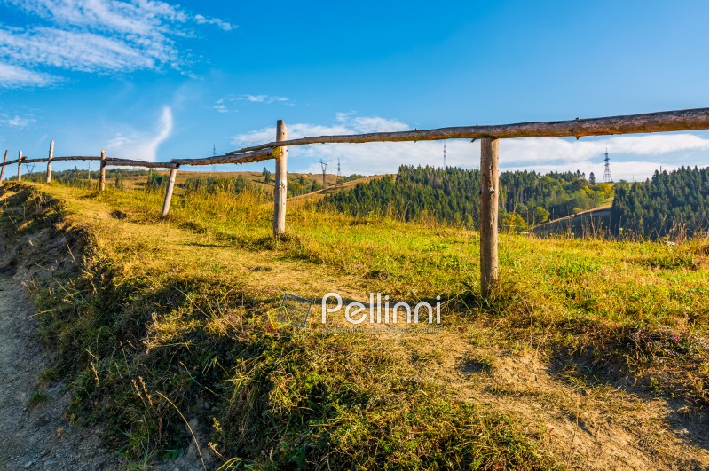 wooden fence along the path through countryside. grassy fields and forest mountainous Carpathian area